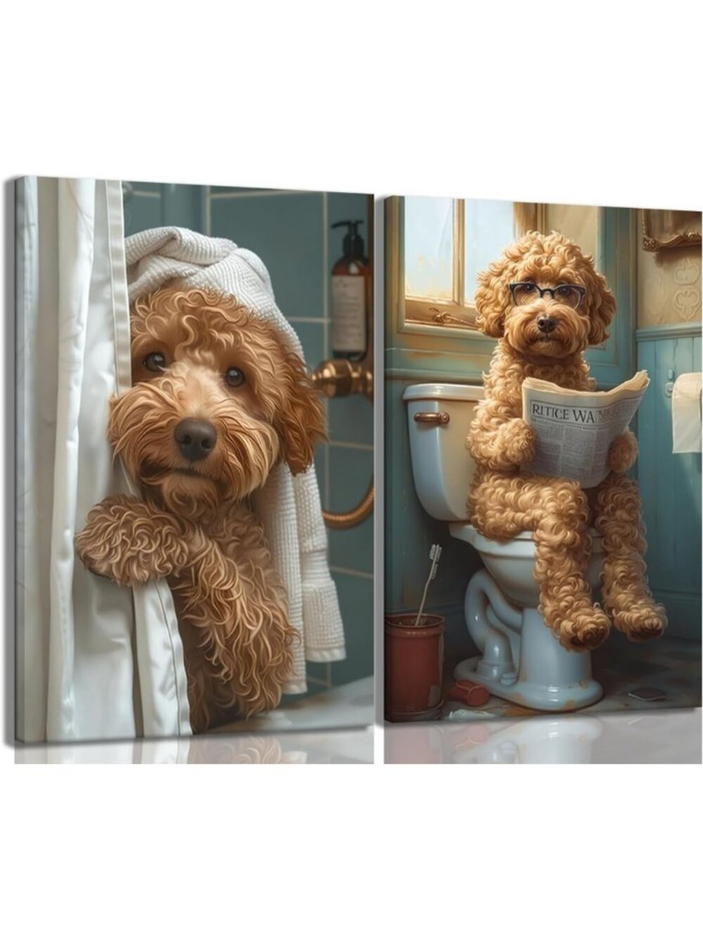 Humorous Dog Wall Art Set - Poodle & Goldendoodle Bathroom Decor, 16x24 Inch